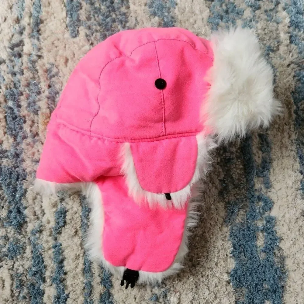 High Visibility Neon White Fur Aviator Winter Trooper Hat - Neon Pink Large